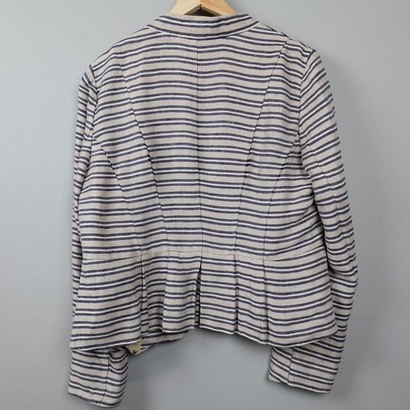 LOFT Linen Blend Striped Blazer Jacket Sz 12 Beige Navy Pleated Peplum Collarles - Picture 8 of 12